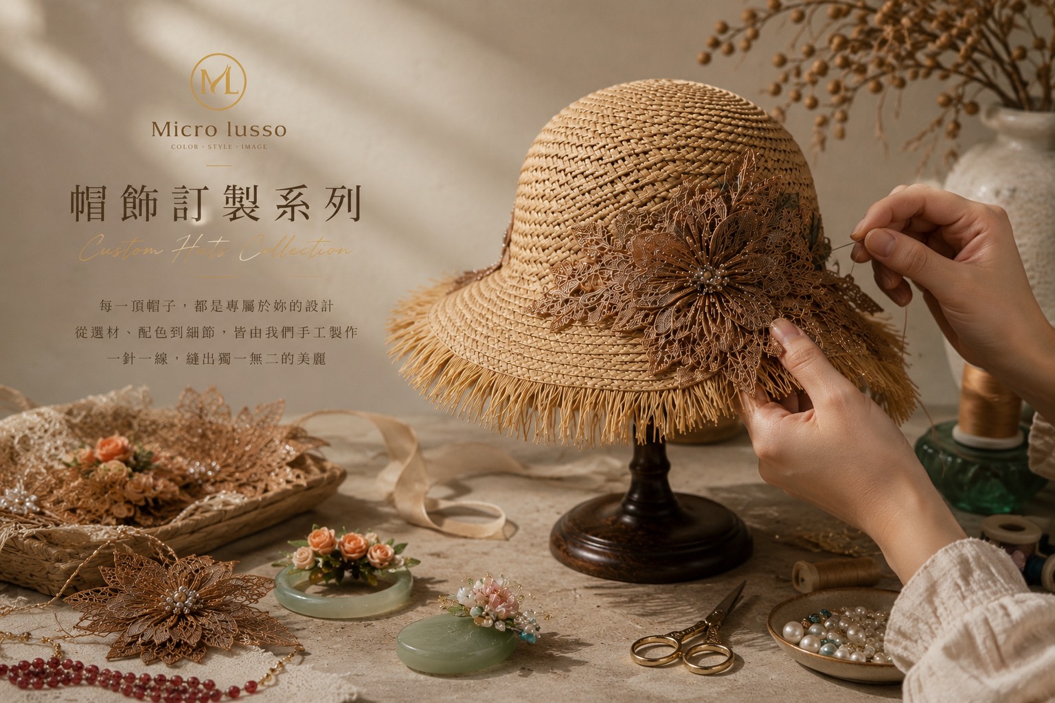 Micro Lusso 帽飾訂製系列：職人正一針一線為草帽縫上蕾絲花飾